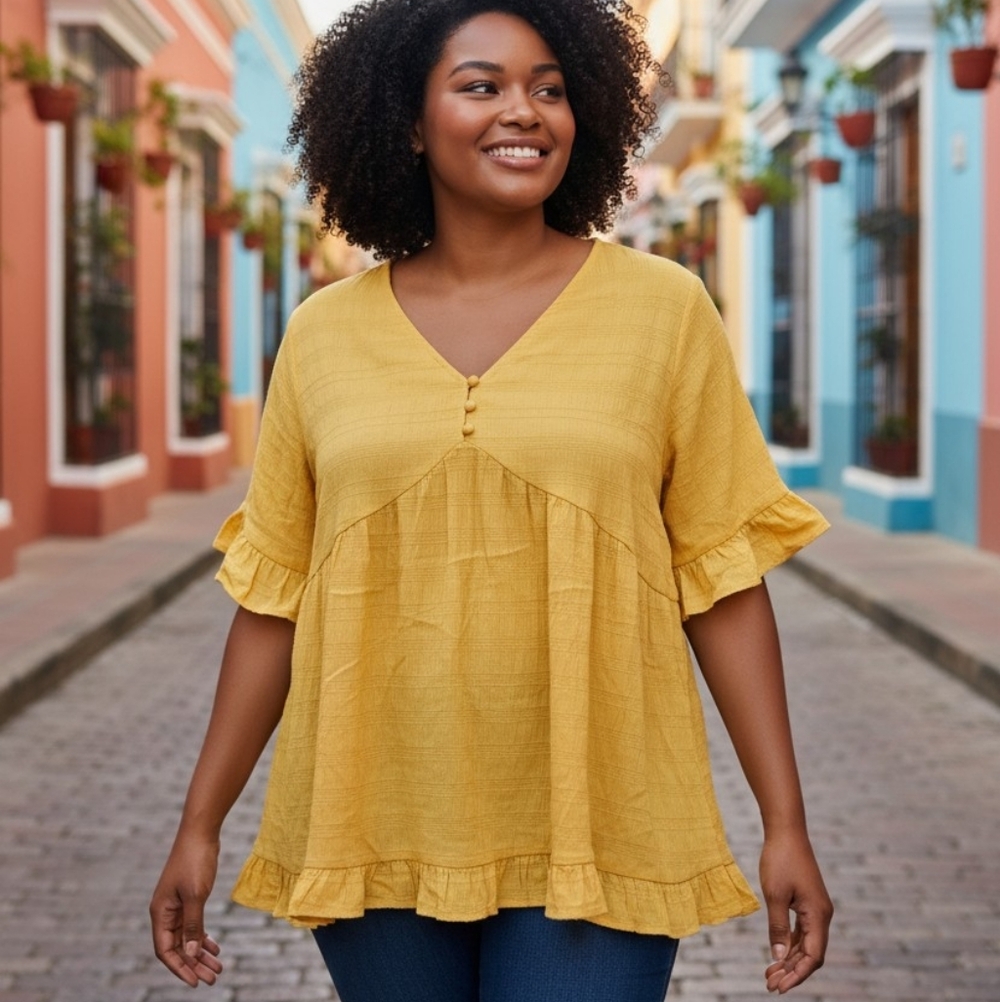 Dani & Davi. Ruffled V-neck Top, Flared Short Sleeve, Yellow Honey. Woman's 1X